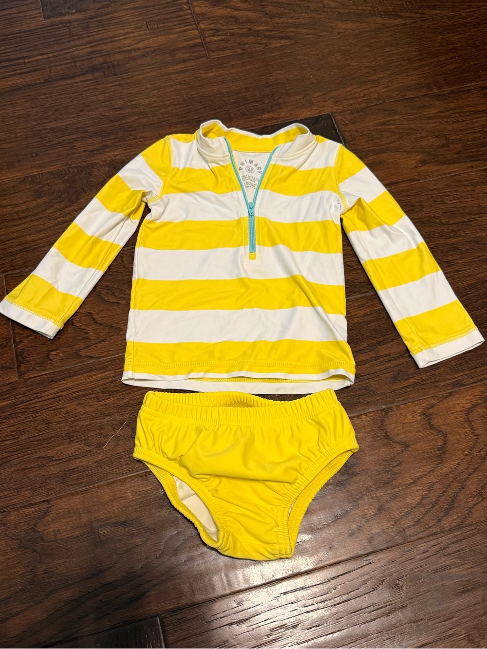 Primary 2 Piece Swim Set Rashguard yellow stripes 12-18 months EUC